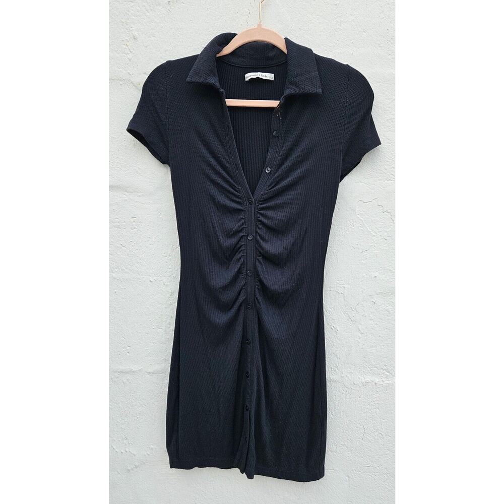 Abercrombie & Fitch Dress Small Black Ribbed Button Up Ruched Knit Mini Y2K